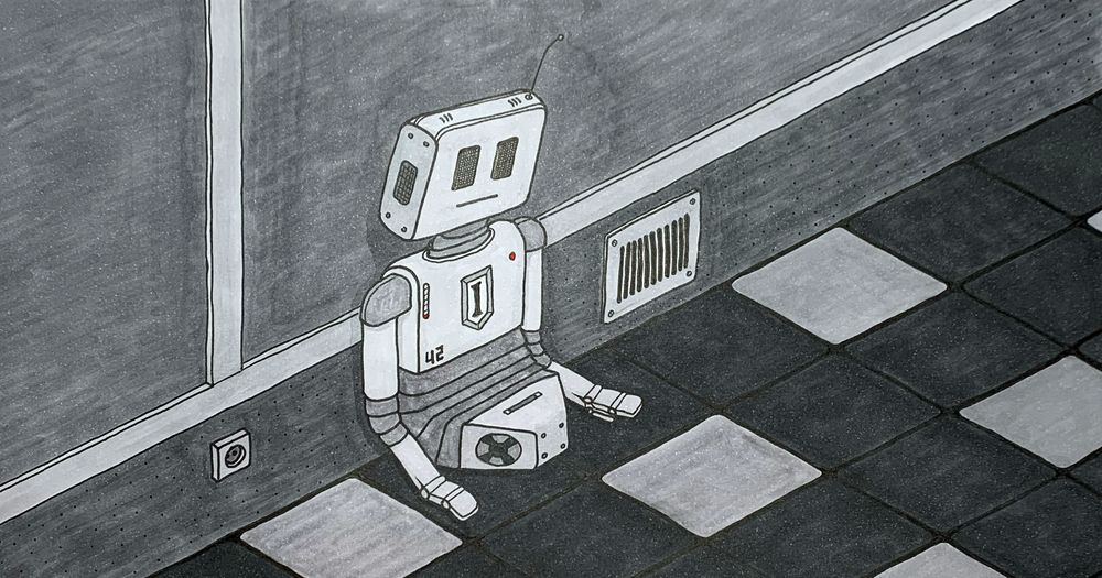 A humanoid robot sitting on the floor, leaning against the wall, battery-depleted, with legs missing. Hand-drawn illustration in ink and markers.