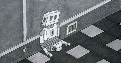 A humanoid robot sitting on the floor, leaning against the wall, battery-depleted, with legs missing. Hand-drawn illustration in ink and markers.